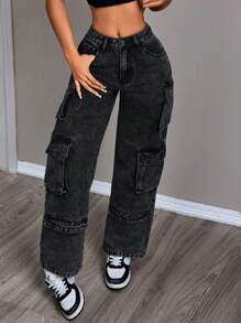 SHEIN PETITE 女士休闲直筒工装黑色工装牛仔裤，水洗牛仔裤 - 黑色 - 查看 6