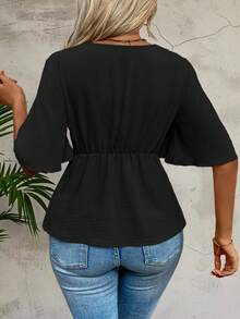 Breezaya Plus Size Vacation Casual Solid Color Bell Sleeve Shirt With Cinched Waist - Black - View 2