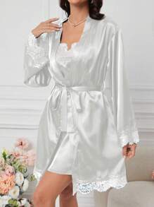 Conjunto de camisón y bata de dormir con encaje blanco en tono sexy - Blanco - Ver 5