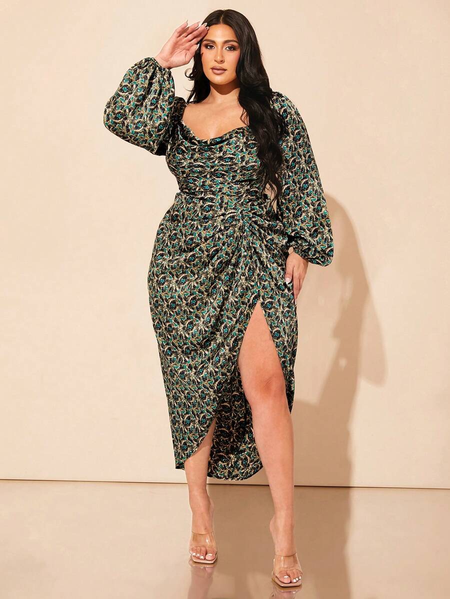 SHEIN BAE 曲线加大码垂坠领褶饰开衩大腿系带缎面连衣裙绿色花卉全身缎面印花中长连衣裙、沙滩裙、太阳裙、波西米亚风度假装 - 彩色 - 查看 1