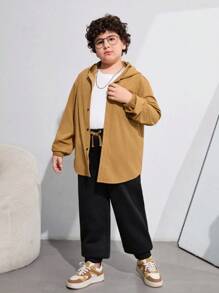 SHEIN Tween Boys Extended Size Casual Hooded Shirt And Pants Set - Suitable For Commuting, School, Daily Wear, Vacation, Exercise And Fall/Winter Season - Coffee Brown - View 3