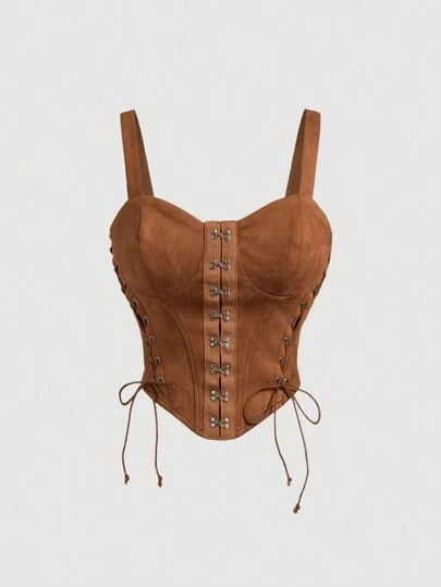 SHEIN MOD Women's Vintage Brown Criss-Cross Strappy Cami Top,Going Out,Corset Top,Back To School,Fall Women Outfits,Women Vintage Clothes,90s Fall Tops,Country Tops,Fitted Top,Halloween,Bachelorette Outfits,Rave Festival Outfits,Women Corset Tops,Concert Women Outfit