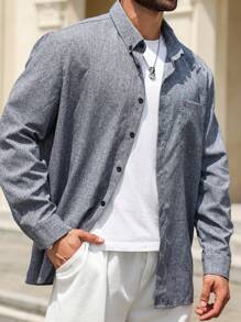 Manfinity Homme Men's Plus Size Solid Color Simple Daily Shirt Plain Casual - Blue - View 5