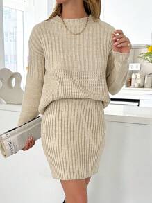 EURMUSE Casual Rib Knit Sweater & Mini Rib Knit Sweater Skirt Co-Ords - Beige - View 4