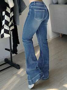 女士Y2K街头风低腰休闲喇叭牛仔裤，返校季，春秋季 - 中等水洗藍 - 查看 3