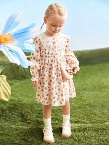 SHEIN 女孩花邊蕾絲禮服，襯托荷葉邊領口和下擺，長袖，適合度假、旅行和派對，春秋季節 - 彩色 - 查看 6