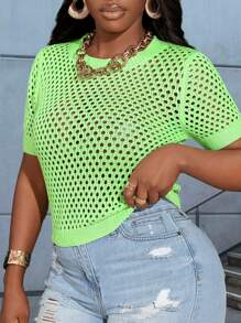 Slaydiva 纯色镂空夏季短袖毛衣，休闲款 - 綠色 - 查看 4