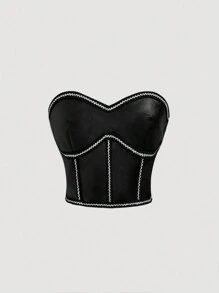 SHEIN MOD Parte superior recortada con cintura negra y tiras sin tirantes, parte superior Y2K, ropa de otoño, ropa retro de mujer, top tubo negro