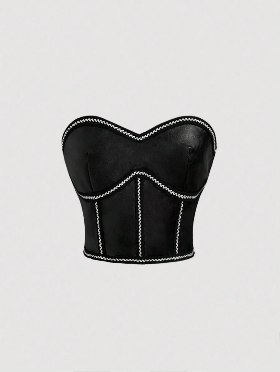 SHEIN MOD 黑色腰带皮革短款上衣，带无肩带织带，Y2K 上衣，秋季服装，女士复古服装，黑色抹胸 - 黑色 - 查看 1