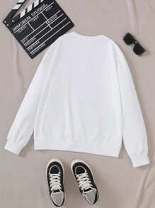 Women's Fashionable Long Sleeve Round Neck White Halloween Slogan Graphic Pullover Sweatshirt, Family Matching Outfits Mommy And Me (4 Pieces Sold Separately)  Fall Outfit - White - View 2