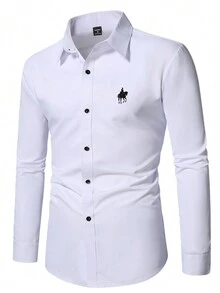 Manfinity Homme Camisa casual de manga larga de primavera y verano para hombre con estampado de caballero - Blanco - Ver 4