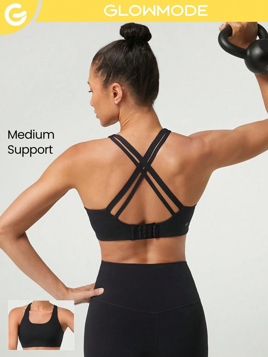 GLOWMODE Radiate Quick-Dry U-Neck Multi-Strap Sports Bra Medium Impact Gym Cycling Workout - Black - View 1