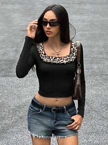 SHEIN EZwear Women's Fashion Leopard Patchwork Slim Fit Cropped T-Shirt With Ruffled Hem, Spring/Summer - Black - View 1