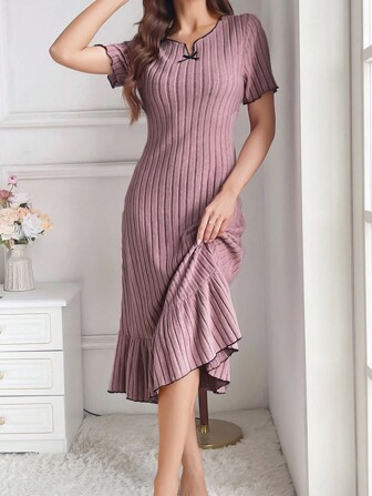 Solid Ruffle Hem Lounge Dress