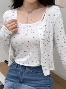 DAZY Women's Spring/Summer Floral Printed Long Sleeve Single-Breasted T-Shirt And Vest Set,Fall Clothes - White - View 1