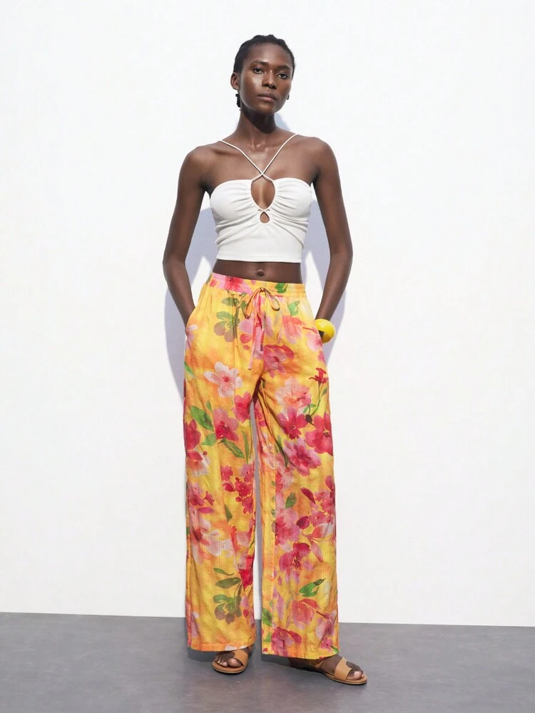 SHEIN Maija Women's Casual Floral Print Straight Leg Pants For Vacation