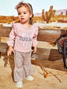 SHEIN Baby Girls' Thin Pink Long Sleeve Leopard Print Top And Pants Set, Autumn - Pink - View 5