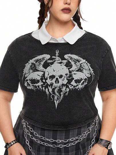 Goth Dark Gothic Fry Snowflake Distressed Skull & Wing Printed Loose Plus Size T-Shirt