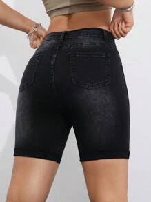 SHEIN Essnce Ladies' Fashionable Rolled Hem Denim Shorts For Summer - Black - View 3