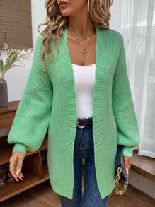 SHEIN LUNE Women's Spring & Autumn Casual Solid Color Lantern Sleeve Cardigan - Green - View 2