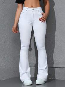 SHEIN EZwear Calça Jeans Feminina Micro-Flare em Cor Sólida para Uso Diário Simples - Branco - Ver 7