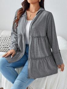 SHEIN LUNE Plus Size Solid Color Hooded Zipper Casual Daily Long Sleeve Jacket With Pockets Winter Clothes Hoodies - Grey - View 5