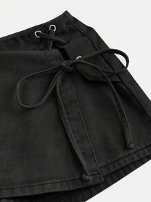 SHEIN MOD 女士牛仔休閒裙，帶鏈眼混紡側邊細節。 - 黑色 - 查看 3