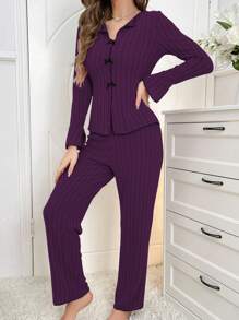 Conjunto de pijama casual de mujer con decoración de moño, ropa de otoño e invierno cómoda y elegante - Morado - Ver 4