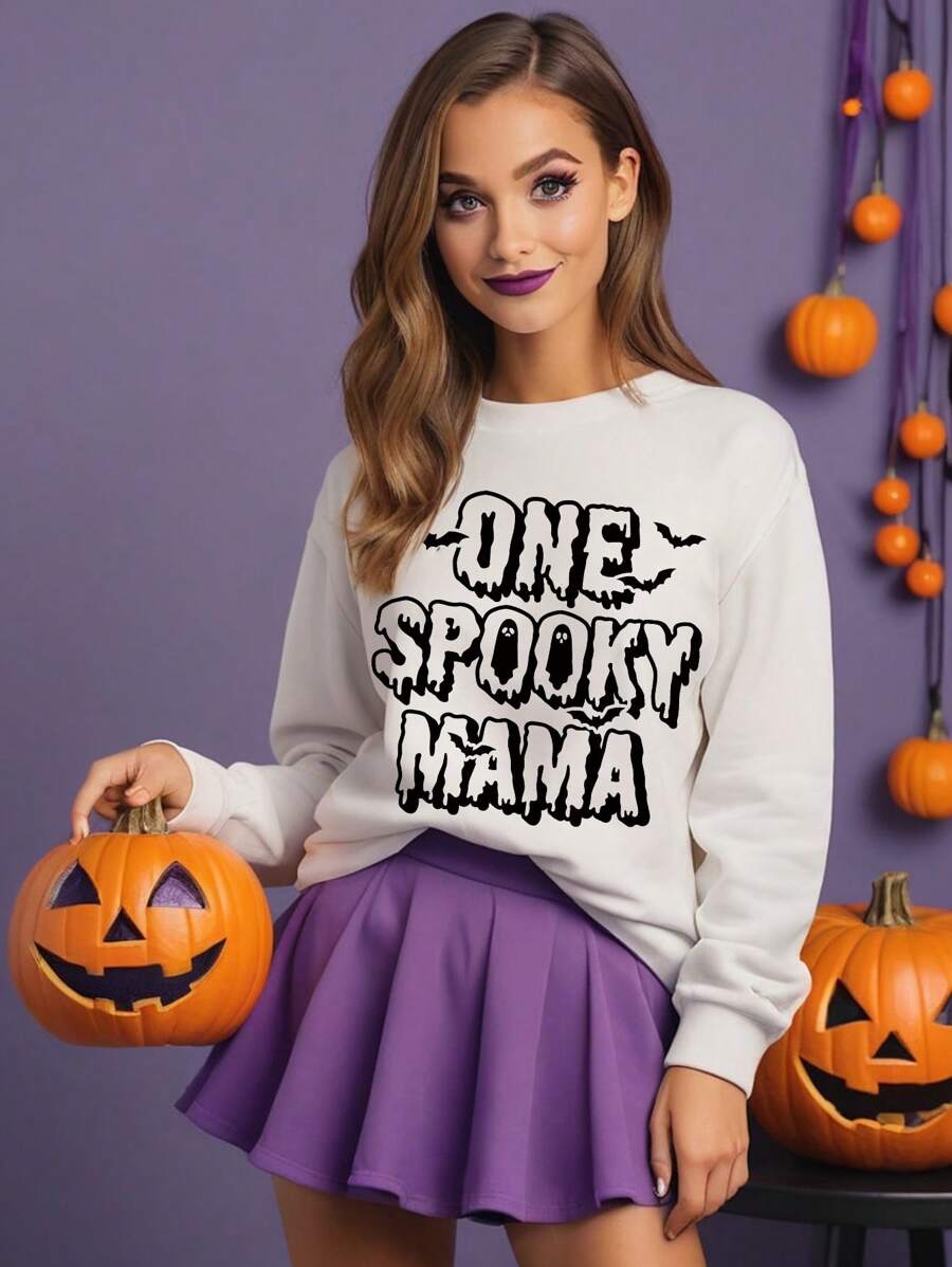 Women's Fashionable Long Sleeve Round Neck White Halloween Slogan Graphic Pullover Sweatshirt, Family Matching Outfits Mommy And Me (4 Pieces Sold Separately)  Fall Outfit - White - View 1
