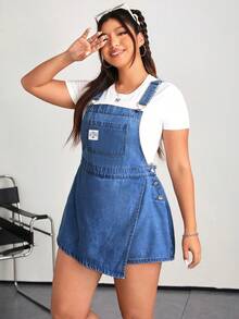 SHEIN EZwear 大码休闲水洗牛仔连身裙，带刺绣细节，夏季 - 中等水洗藍 - 查看 7