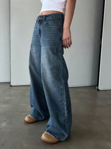 DAZY 复古做旧洗水长款宽松牛仔裤 - 中等水洗藍 - 查看 5