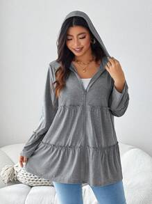 SHEIN LUNE Plus Size Solid Color Hooded Zipper Casual Daily Long Sleeve Jacket With Pockets Winter Clothes Hoodies - Grey - View 3