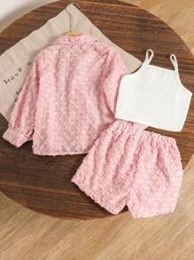 SHEIN Young Girls' Simple Everyday Long Sleeve Shorts 2-Piece Set - Pink - View 2