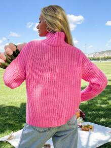 EURMUSE Women Turtleneck Cable Knit Hot Pink Sweater Soft Touch - Pink - View 2