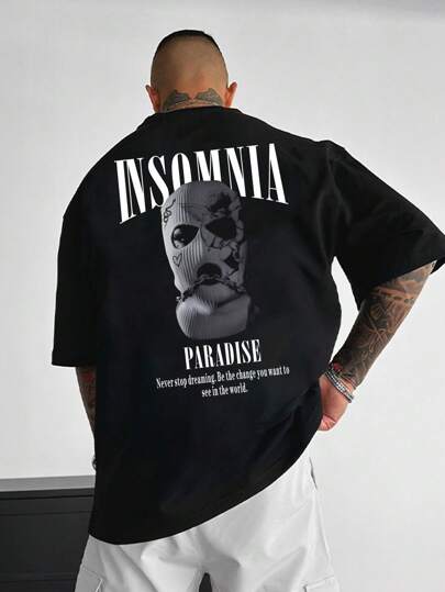 大码男式口号口罩图案印花圆领短袖休闲 T 恤，夏季