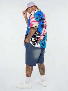 Manfinity VCAY Men's Plus Size Casual Graffiti Character Print Wide-Legged Drop-Shoulder Short Sleeve Shirt With Lapel Collar, Ideal For Summer - Multicolor - View 3