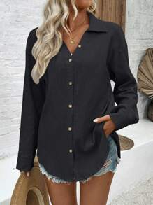 EMERY ROSE Top pour femmes simple à boutonnière avant, à manches longues et à col, convient pour un port quotidien et de loisirs