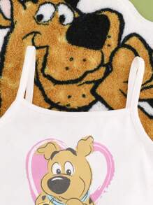 SCOOBY-DOO X SHEIN Baby Girl Cartoon Dog Printed Cami Top And Sweet Pink Pleated Skirt, Summer