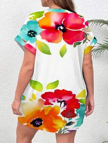 EMERY ROSE 大码女式休闲简约全花卉印花短袖圆领夏季连衣裙 - 白色 - 查看 2