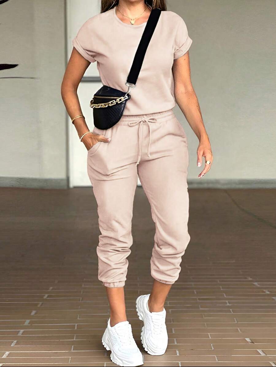 INAWLY 女士春夏季純色短袖T恤和長褲2件套休閒套裝 - 杏色 - 查看 1