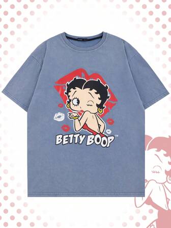 Betty Boop | ROMWE Herren T-Shirt mit Kurzarm, Vintage Destroyed-Look, Grafik mit Ziffern und Buchstaben, Schule