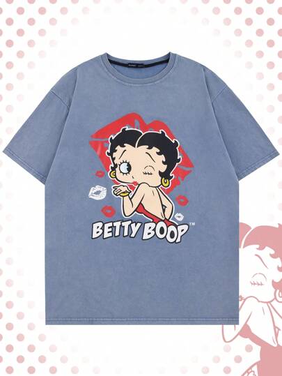 Betty Boop | ROMWE Herren T-Shirt mit Kurzarm, Vintage Destroyed-Look, Grafik mit Ziffern und Buchstaben, Schule