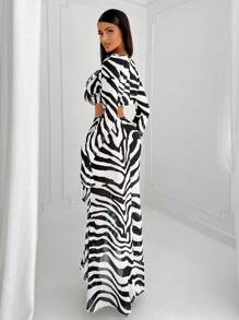 SHEIN SXY Women'ssimple Minimalist Commute Summer Fashion Zebra Print Draped Neck Short Sleeve Shirt And Mermaid Hem Skirt Set - Black and White - View 2