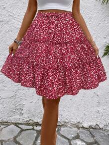 SHEIN LUNE Women's Fresh Ditsy Floral Ruffle Hem Skirt (Random Print) For New Year Clothes