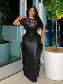 Slaydiva Plus Size Elegant Party Bodycon Black Skirt With Fringe Side Details And High Back Slit, Spring/Fall - Z, For Winter