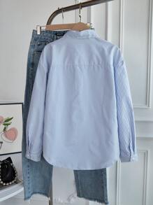 SHEIN LUNE Long Sleeve Shirt With Contrast Stripe Panel Fall Cloth For Women - Blue - View 4
