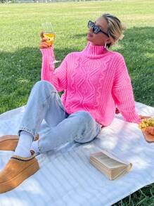 EURMUSE Women Turtleneck Cable Knit Hot Pink Sweater Soft Touch - Pink - View 4