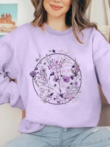 INAWLY 女士圆领长袖花朵印花运动衫，日常休闲秋季服装，长袖上衣 - 紫丁香色 - 查看 1