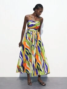 Maija 2025春夏初秋独立日七月装毕业季装适合休闲优雅校园细肩带彩色印花百搭百褶连衣裙女士适合校园生活 - 藏蓝色 - 查看 9