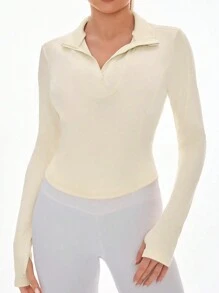 SHEIN Sports Women's Solid Color Zipper Half Placket Long Sleeve Slim Fit Yoga Sports Sweatshirt - Apricot - View 5